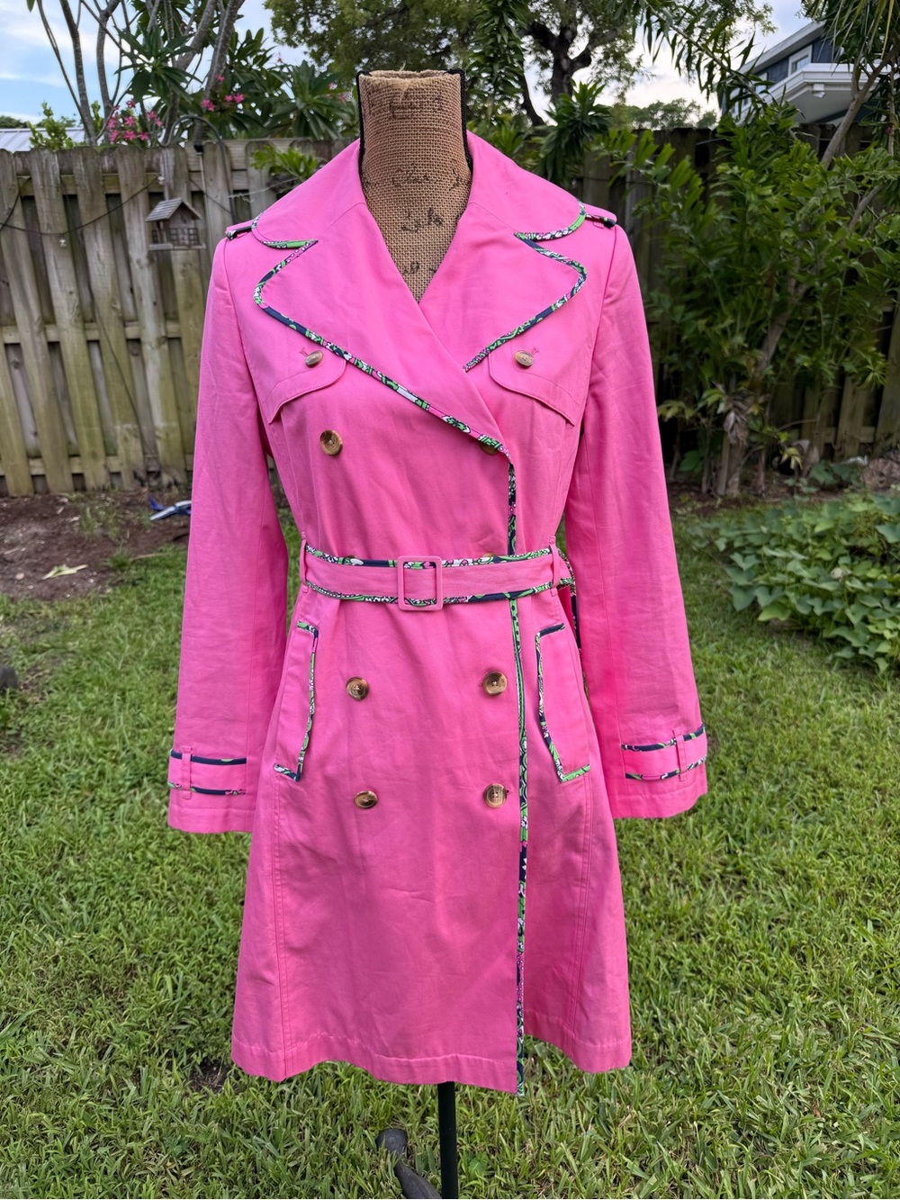 Lilly Pulitzer Hot Pink Double-Breasted Trench Coat with Floral Trim